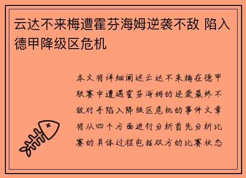 云达不来梅遭霍芬海姆逆袭不敌 陷入德甲降级区危机