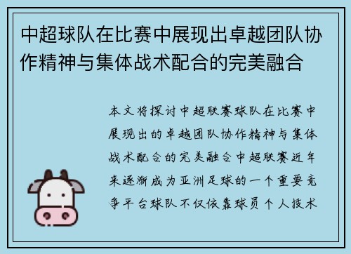 中超球队在比赛中展现出卓越团队协作精神与集体战术配合的完美融合