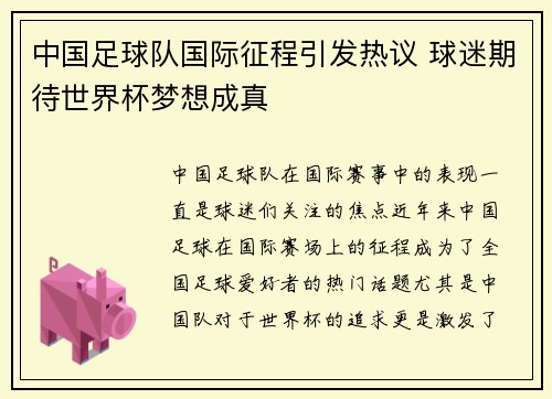 中国足球队国际征程引发热议 球迷期待世界杯梦想成真