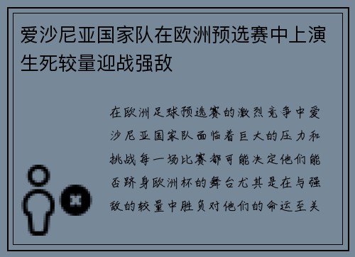 爱沙尼亚国家队在欧洲预选赛中上演生死较量迎战强敌